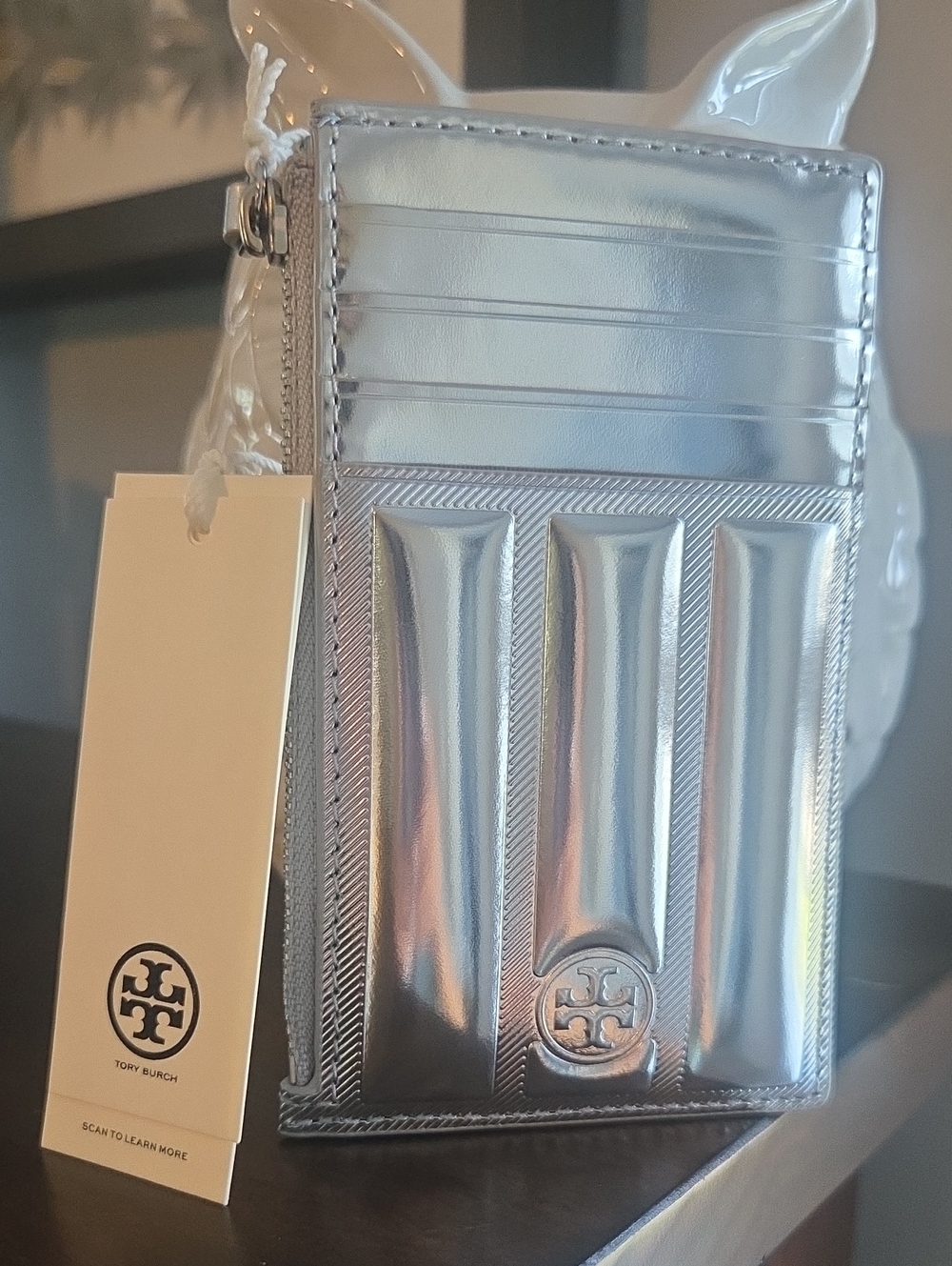 NWT Tory Burch Fleming Metallic Square Quilt Zip Card Case